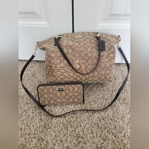 (SOLD) Coach Khaki/brown Signature  Jacquard Tote Bag With Matching Coach Wallet